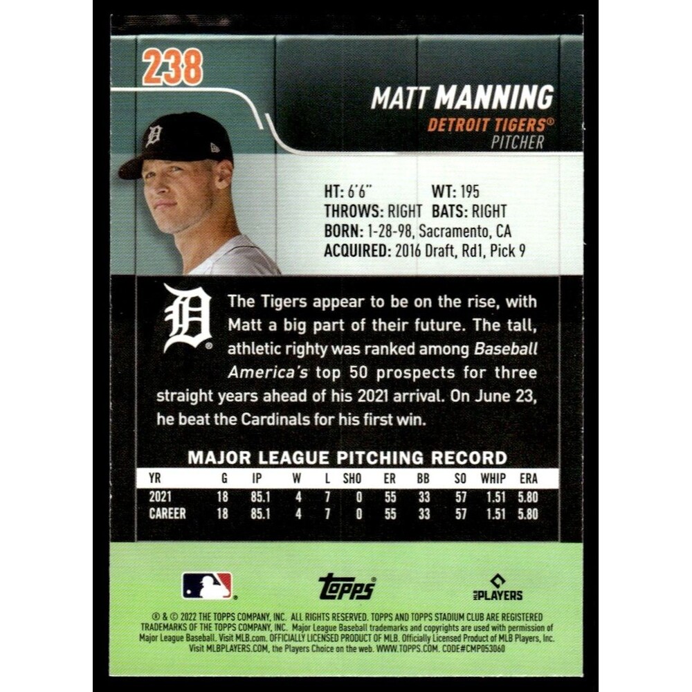 2022 Stadium Club Matt Manning RC Detroit Tigers #238 - Picture 2 of 2